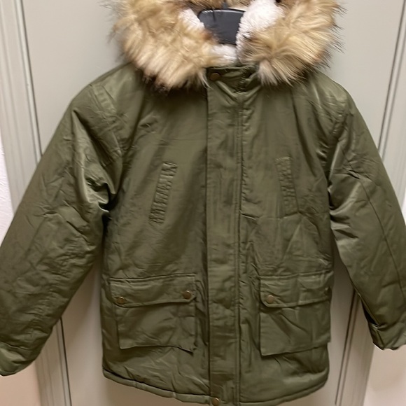 Childs Winter Sherpa Lined Faux Fur Trim Jacket Parka Coat New Olive US 14-16 - Picture 3 of 7
